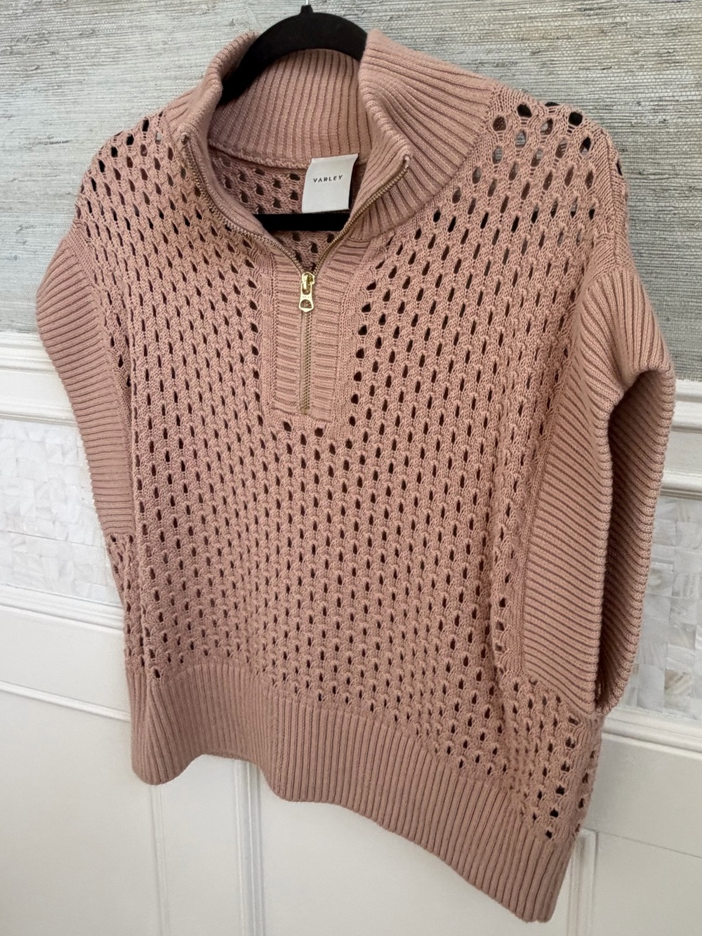 Medium Anthropologie Varley Gaines half zip sweater knit short sleeves tan beige - Picture 9 of 16